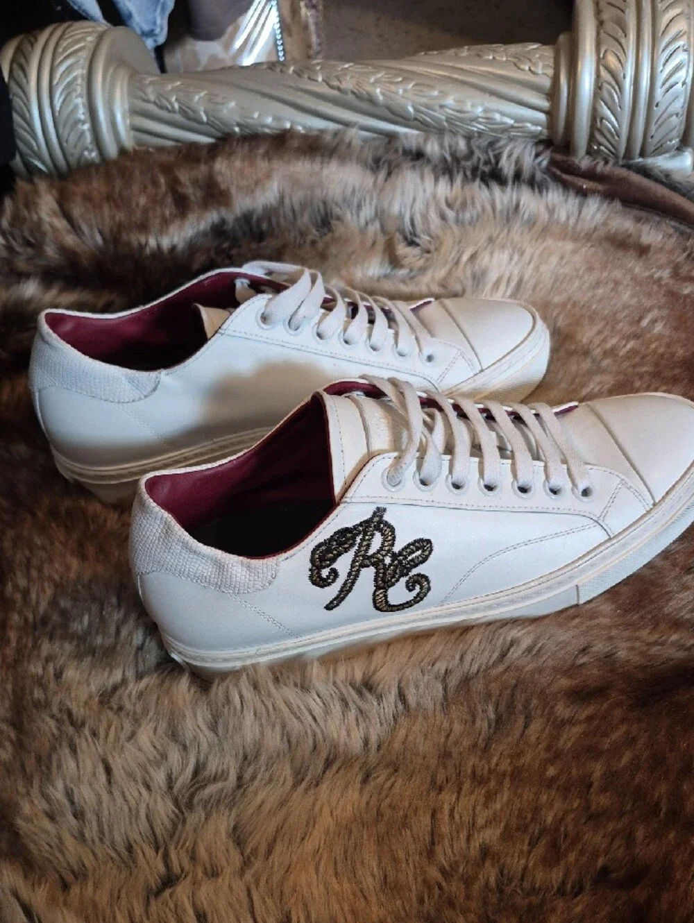 Roberto Cavalli White Leather Low-Top Sneakers with Maroon Lining